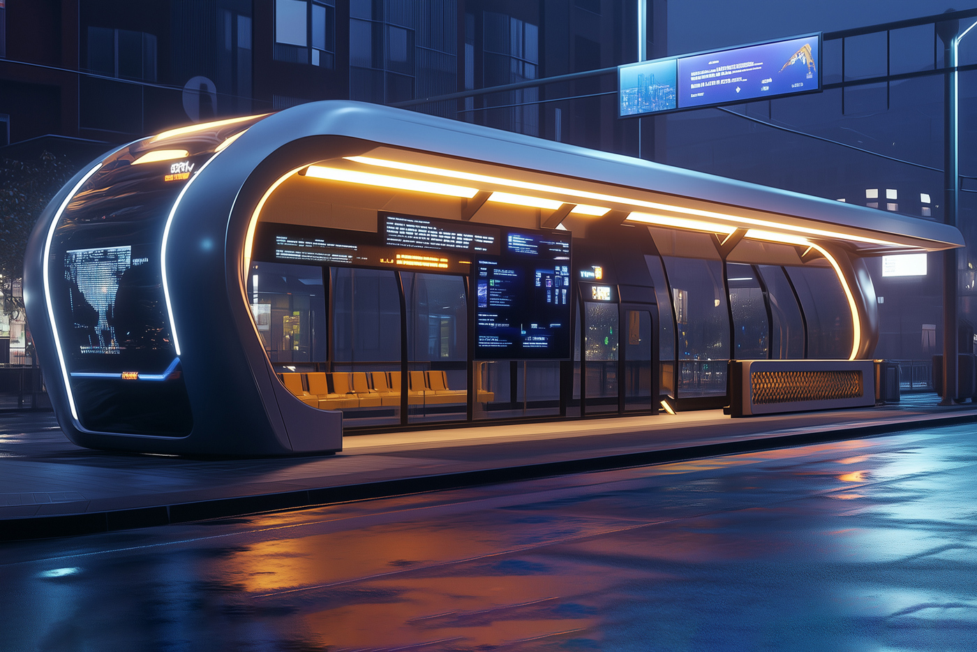 Bus station for autonomous shuttles with digital display panels